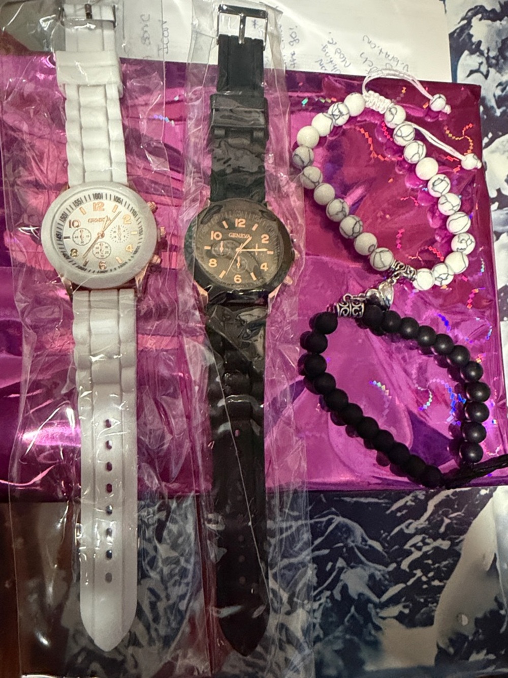 His & Hers Watch + Bracelet Set – Black & White Matching Duo